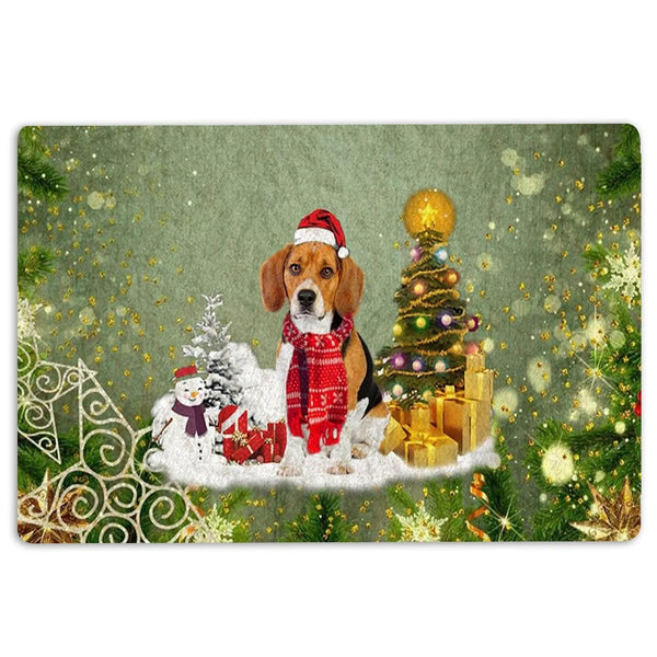 Merry Christmas Dog Snow Tree Welcome Mat, Beagle Christmas Doormat, Holiday Entryway Doormat, Non-Slip Indoor Outdoor Dog Lo