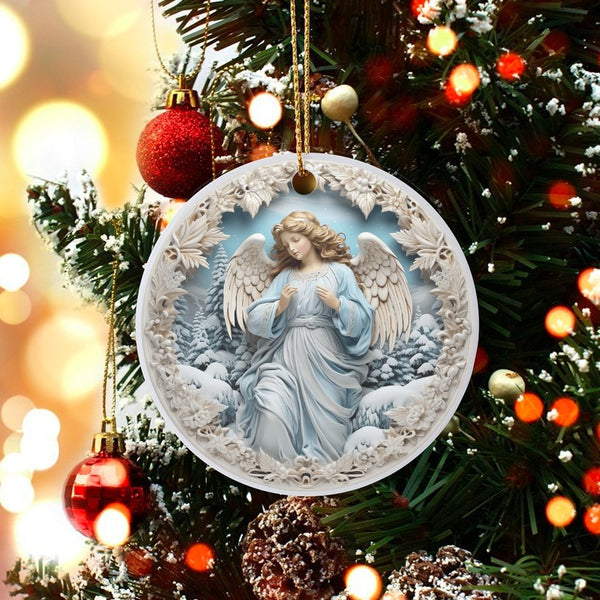 Snowy Winter Landscape Ceramic Keepsake, Guardian Angel Christmas Ornament, Religious Holiday Tree Decor