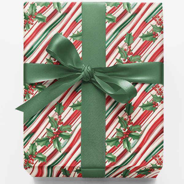 Holly Christmas Gift Wrap, Peppermint Candy Cane Wrapping Paper, Festive Candy Stripe Present Wrap, Holiday Wrapping Paper, X