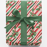 Holly Christmas Gift Wrap, Peppermint Candy Cane Wrapping Paper, Festive Candy Stripe Present Wrap, Holiday Wrapping Paper, Xmas Gift Wrap