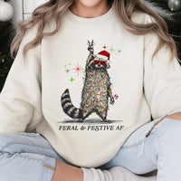 Humorous Christmas Lights Raccoon Sweater, Feral and Festive AF Raccoon Sweatshirt, Retro Raccoon Holiday Crewneck, Adorable Animal Xmas Pullover