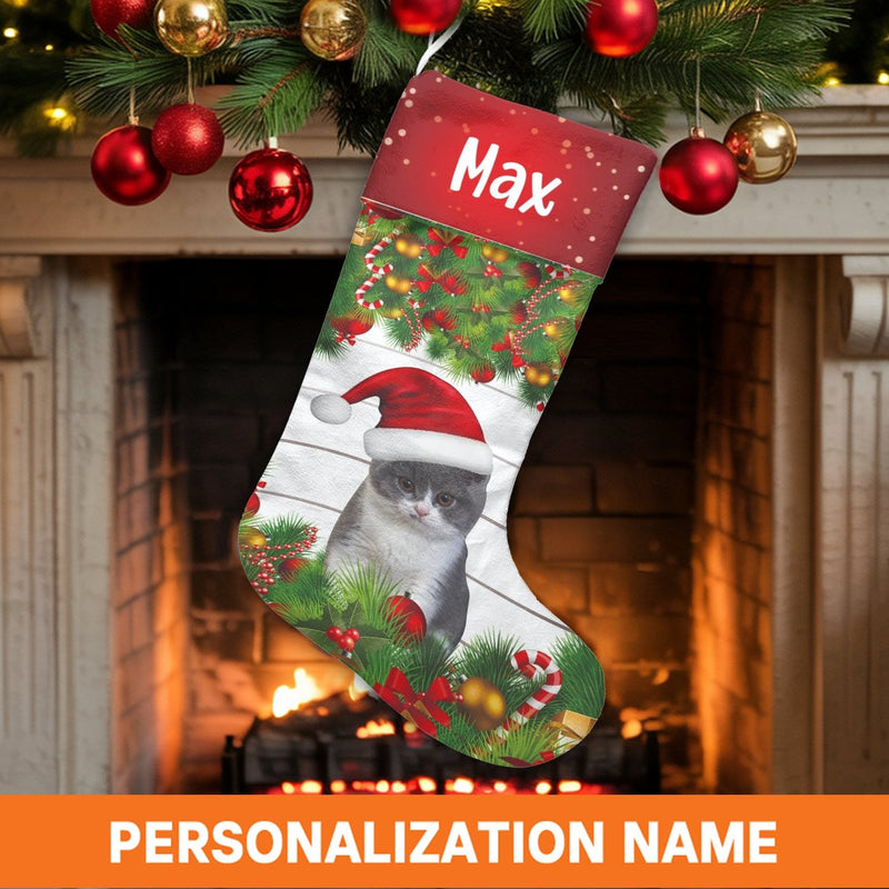 Custom Name Pet Stocking, Personalized Cat Christmas Stocking, Adorable Kitten Christmas Stocking, Pet Lover Fireplace Mantle Holiday Decor