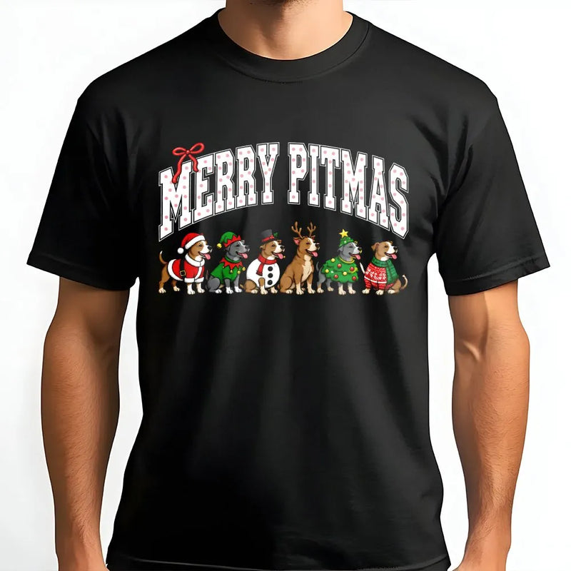 Humorous Pitbull Christmas T-Shirt, Merry Pitmas Shirt, Pit Bull Mom Graphic Tee, Dog Lover Holiday Shirt, Xmas Present for Pitbull Owner