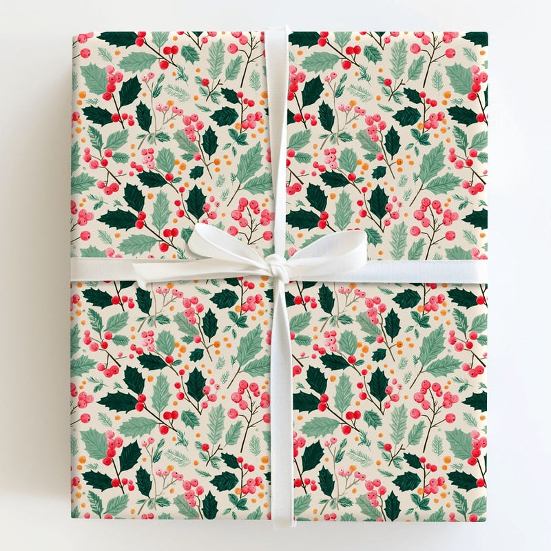 Botanical Greenery Gift Wrap, Christmas Holly Berry Wrapping Paper, Traditional Holiday Wrapping Paper, Classic Winter Gift Wrap Roll