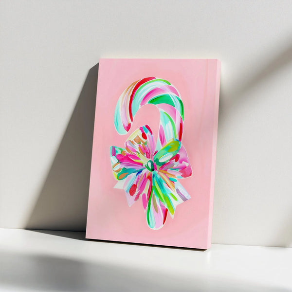 Painted Christmas Bow Canvas Decor, Pink Candy Cane Canvas Wall Art, Festive Holiday Wall Print, Digital Download Xmas Artwor
