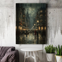 Moody Dark Academia Canvas Art, Vintage Christmas City Canvas Print, Snowy Winter Street Canvas, Holiday Wall Decor, Winter Season Wall Art