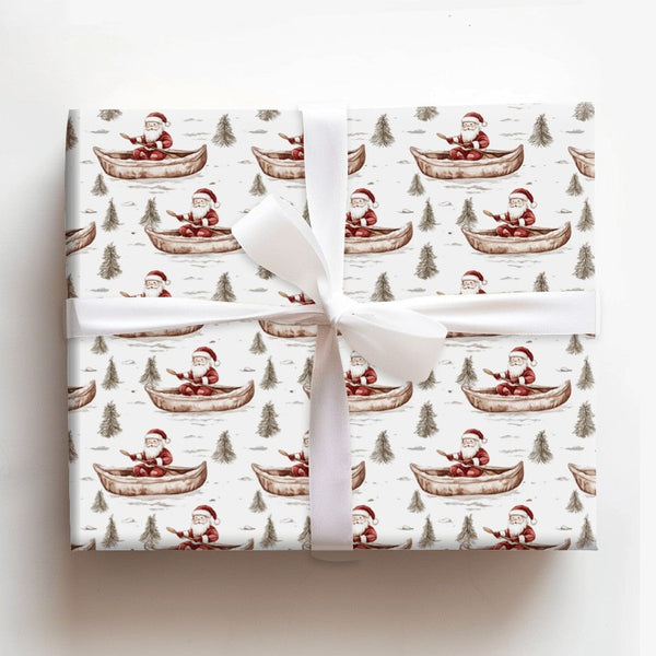 Rustic Holiday Gift Wrap, Watercolor Santa Canoe Wrapping Paper, Nature Lover Santa Wrapping Paper, Pine Tree Christmas Gift 