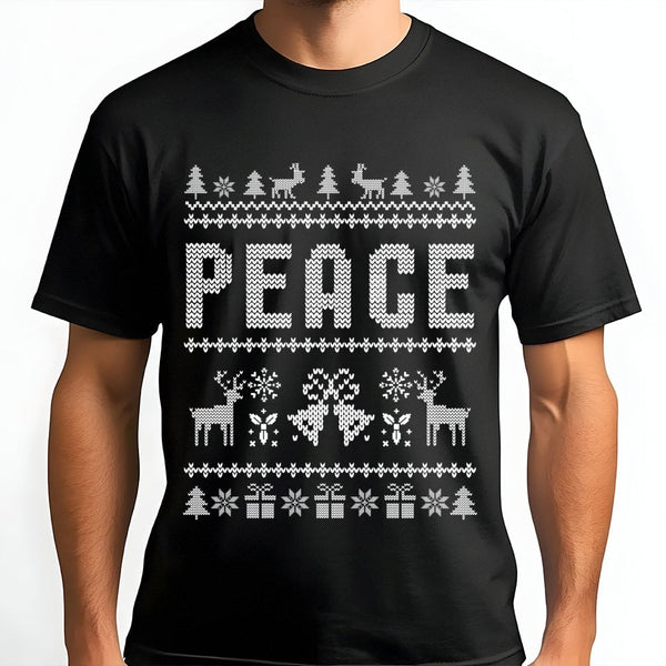 Knitted Sweater Style Xmas T-Shirt, Peace Ugly Christmas Shirt, Humorous Holiday Graphic Tee, Festive Matching Shirt, Retro C