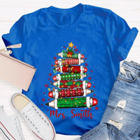 Custom Name Christmas Tree Shirt, Personalized Christmas Tree T-Shirt, Colored Pencil Christmas Tree Tee, Holiday Teacher Xmas Shirt