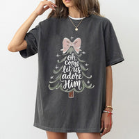 Coquette Bow Christmas Tree Tee, Oh Come Let Us Adore Him Shirt, Christian Holiday T-Shirt, Religious Xmas Graphic Tee, Faith Present for Her