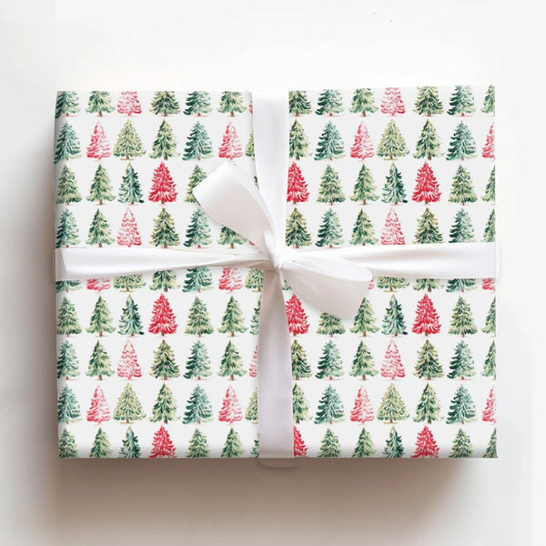 Red and Pink Holiday Gift Wrap, Watercolor Christmas Tree Wrapping Paper, Artistic Winter Tree Wrapping Paper, Festive Xmas W
