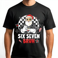 Humorous Rockstar Santa Holiday Tee, Six Seven Bruh Christmas T-Shirt, Viral Meme Graphic Shirt, Sarcastic Internet Humor Xmas T-Shirt
