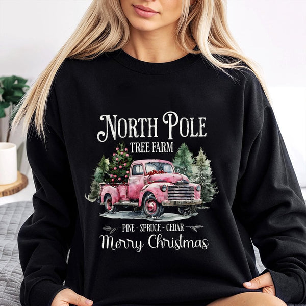 Pink Vintage Truck Christmas Crewneck, North Pole Tree Farm Sweatshirt, Coquette Holiday Tree Sweater, Adorable Winter Xmas P