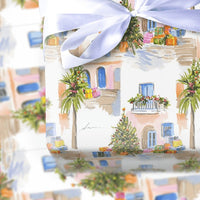 Coastal Village Holiday Gift Wrap, Mediterranean Christmas Wrapping Paper, Watercolor European Town Wrapping Paper