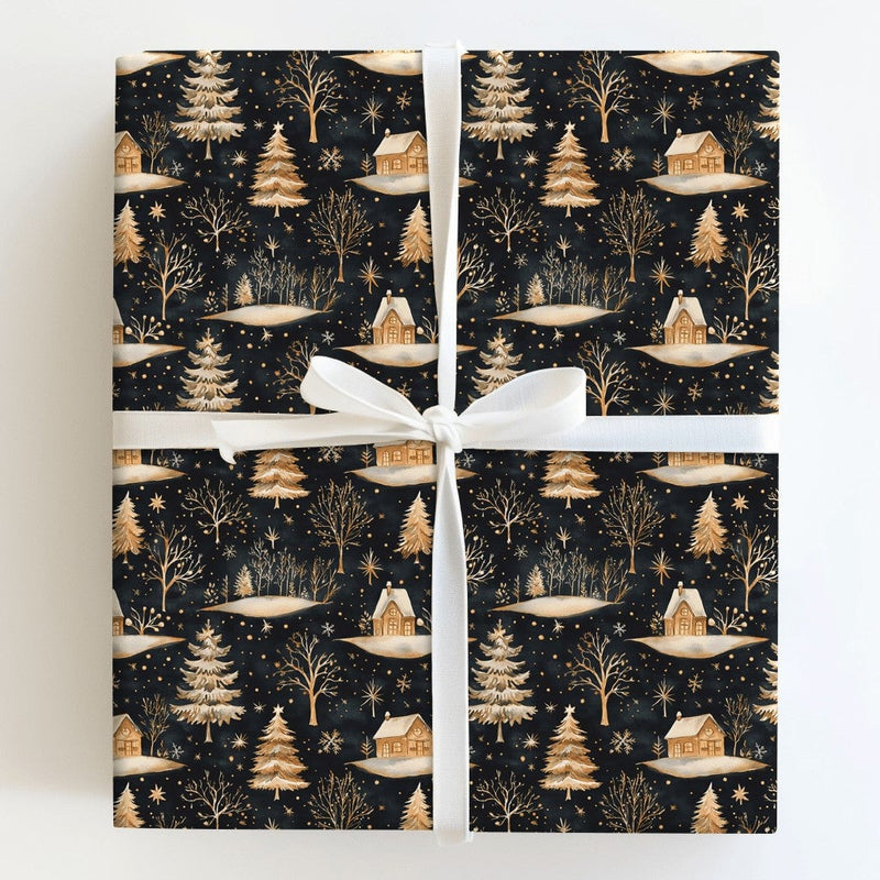 Forest Tree Holiday Gift Wrap, Golden Winter Cabin Wrapping Paper, Rustic Christmas Night Present Wrap, Dark Aesthetic Gift Wrapping Paper