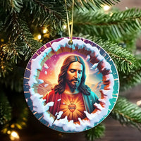 Snowy Border Catholic Christmas Ornament, Sacred Heart of Jesus Ceramic Ornament, Religious Holiday Tree Ornament, Faith Keepsake Present