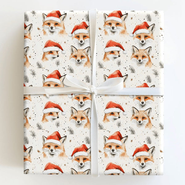 Adorable Woodland Animal Gift Wrap, Watercolor Fox Christmas Wrapping Paper, Santa Hat Winter Fox Wrapping Paper, Festive Hol