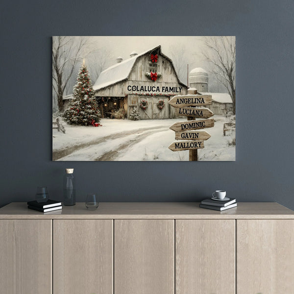 Snowy Barn Winter Canvas, Personalized Family Christmas Canvas, Holiday Barn Landscape Canvas, Custom Winter Decor, Christmas