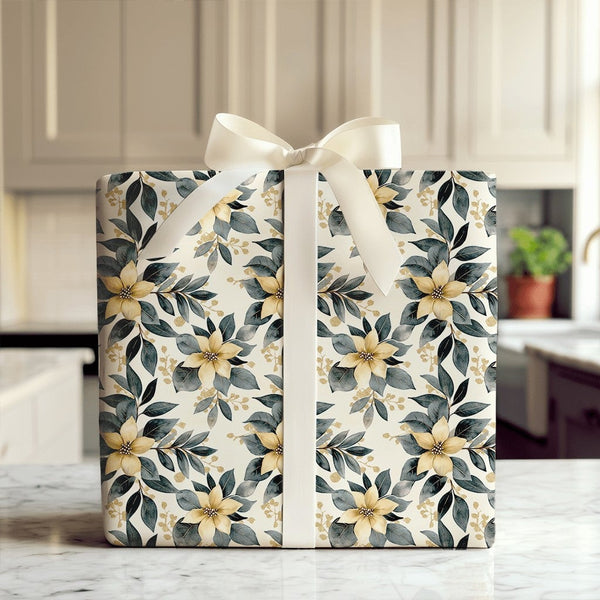 Floral Christmas Gift Wrap, Golden Poinsettia Wrapping Paper, Moody Botanical Present Wrap, Winter Wedding Wrap Paper, Holida