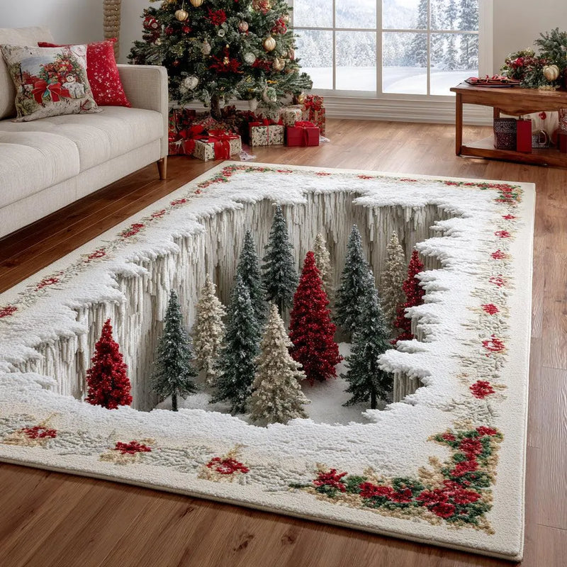 Holiday Tree Floor Rug, Christmas Pine Magic Area Rug, Pine Forest Christmas Rug, Winter Season Living Room Rug, Washable Non Slip Carpet