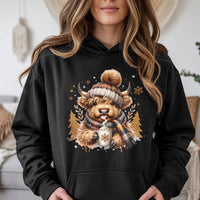Festive Winter Animal Sweatshirt, Highland Cow Christmas Hoodie, Adorable Holiday Cow Hoodie, Comfy Farmhouse Xmas Pullover, Cow Lover Present