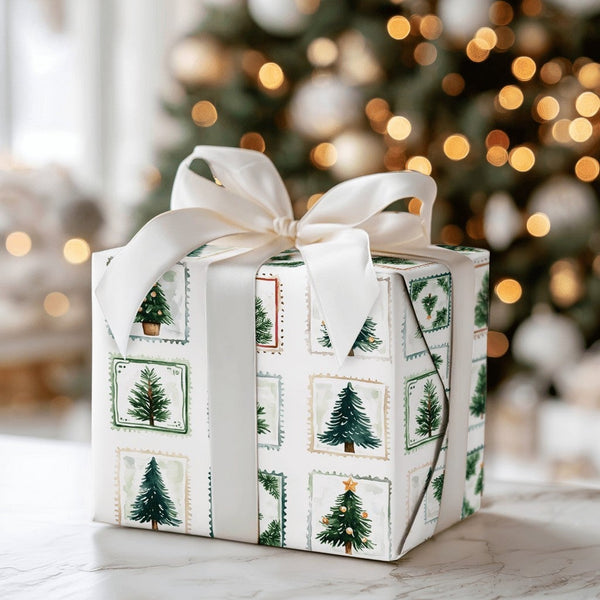 Vintage Holiday Stamp Gift Wrap, Christmas Tree Postage Stamp Wrapping Paper, Retro Xmas Tree Wrapping Paper, Festive Winter 