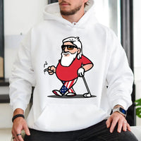 Humorous Patriotic Santa Sunglasses Pullover, Cool Santa Golf Hoodie, Retro Christmas Golfer Sweatshirt, Holiday Golfing Hooded Sweater