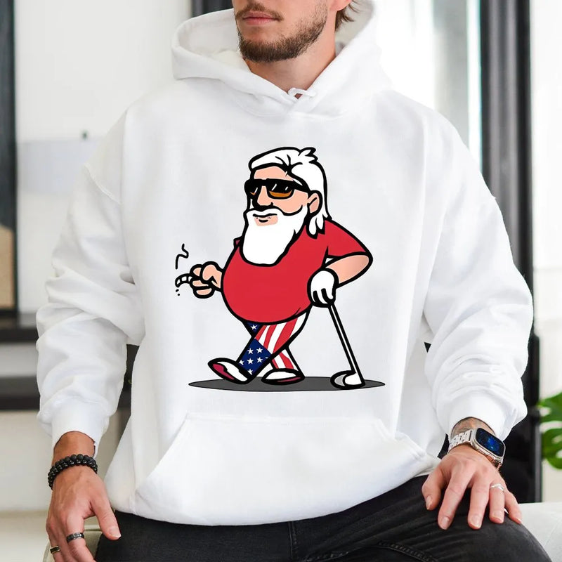 Humorous Patriotic Santa Sunglasses Pullover, Cool Santa Golf Hoodie, Retro Christmas Golfer Sweatshirt, Holiday Golfing Hooded Sweater