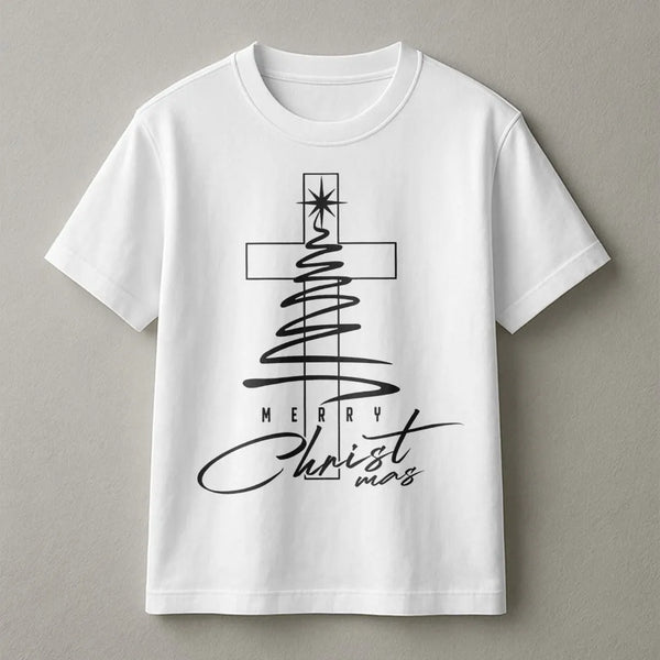 Minimalist Cross Tree Shirt, Religious Christmas T-Shirt, Christian Holiday Graphic Tee, Faith Based Xmas Shirt, Jesus Christ