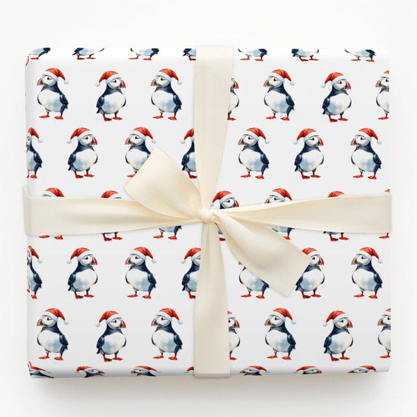 Watercolor Christmas Bird Gift Wrap, Santa Hat Puffin Wrapping Paper, Adorable Holiday Puffin Wrapping Paper, Winter Wildlife