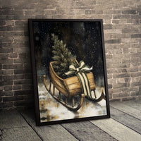 Vintage Wooden Sled Canvas, Rustic Christmas Sleigh Wall Art, Snowy Pine Tree Wall Art, Farmhouse Holiday Wall Art, Digital Download