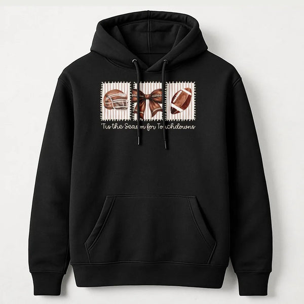 Retro Football Stamp Hoodie, Tis the Season for Touchdowns Hoodie, Christmas Game Day Hooded Sweatshirt, Comfy Vintage Footba
