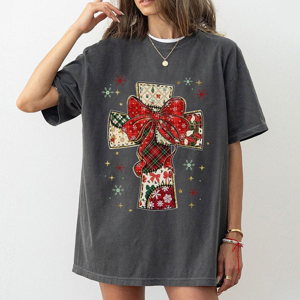 Religious Holiday Cross Shirt, Patchwork Christmas Cross T-Shirt, Christian Faith Christmas Tee, Retro Quilt Graphic T-Shirt,