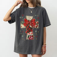 Religious Holiday Cross Shirt, Patchwork Christmas Cross T-Shirt, Christian Faith Christmas Tee, Retro Quilt Graphic T-Shirt, Xmas Present