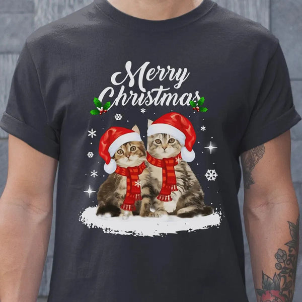 Adorable Holiday Kitty Graphic Tee, Merry Christmas Santa Cats T-Shirt, Festive Cat Lover Winter Shirt, Xmas Animal T-Shirt