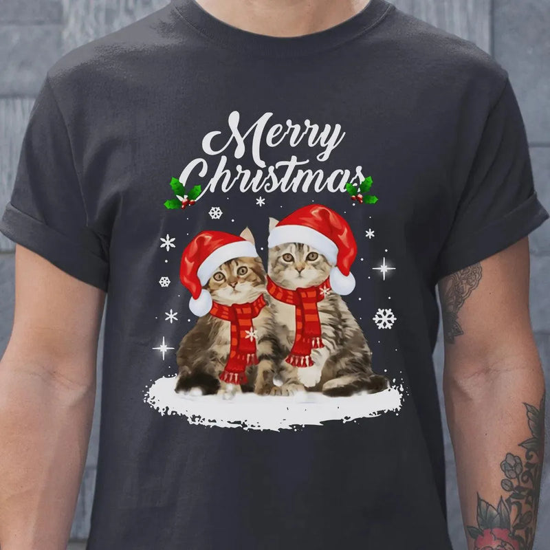Adorable Holiday Kitty Graphic Tee, Merry Christmas Santa Cats T-Shirt, Festive Cat Lover Winter Shirt, Xmas Animal T-Shirt