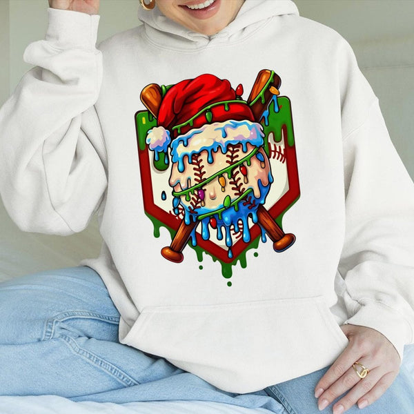 Christmas Baseball Hoodie, Santa Hat Drip Baseball Hoodie, Holiday Baseball Fan Sweatshirt, Winter Sports Hooded Sweatshirt, 