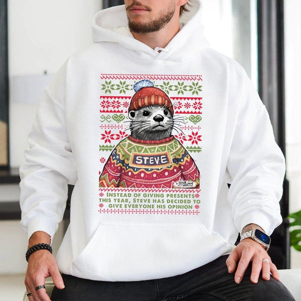 Adorable Otter Ugly Xmas Sweater Graphic Pullover, Steve the Otter Humorous Christmas Hoodie, Holiday Animal Hooded Sweatshir