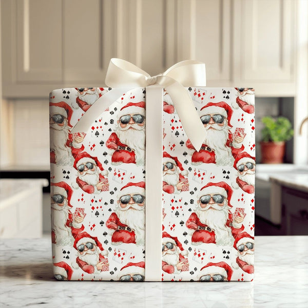 Humorous Christmas Gift Wrap, Cool Santa Poker Wrapping Paper, Sunglasses Santa Present Paper, Gambler Holiday Gift Wrap, Car