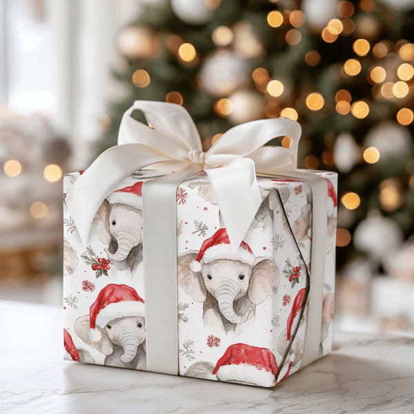 Watercolor Santa Hat Elephant Gift Wrap, Adorable Baby Elephant Wrapping Paper, Christmas Elephant Wrapping Paper, Holiday An