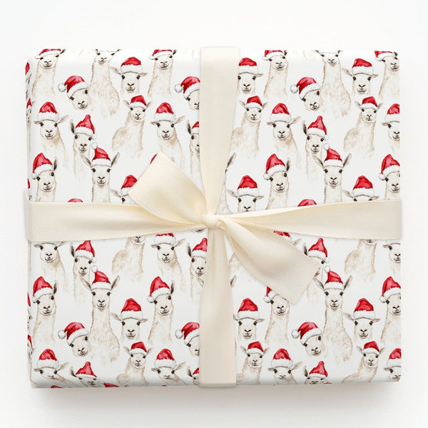 Santa Hat Alpaca Gift Wrap, Watercolor Christmas Llama Wrapping Paper, Adorable Holiday Animal Paper, Festive Winter Present 