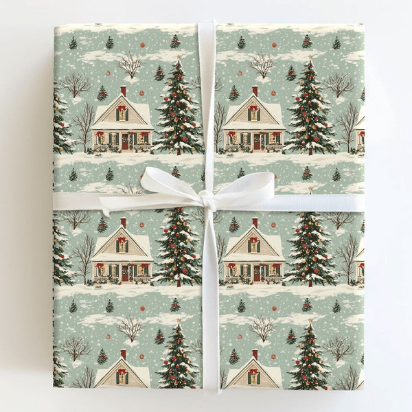 Snowy Pine Tree Holiday Gift Wrap, Vintage Christmas House Wrapping Paper, Nostalgic Winter Wrapping Paper, Xmas Present Wrap