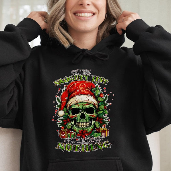 Humorous Grumpy Santa Hooded Sweatshirt, Naughty List Skull Christmas Hoodie, Sarcastic Holiday Skull Hoodie, Dark Humor Xmas