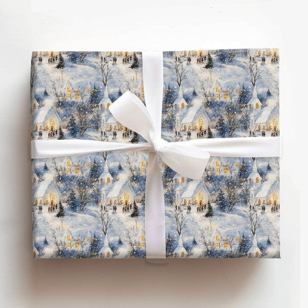 Scenic Village Christmas Gift Wrap, Snowy Winter Church Wrapping Paper, Traditional Holiday Wrapping Paper, Winter Gift Wrap 
