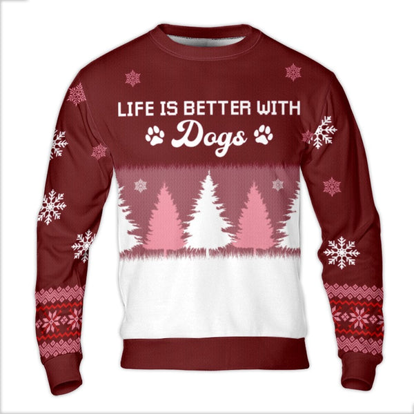 Festive Holiday Paw Print Sweatshirt, Life Is Better with Dogs Ugly Christmas Sweater, Adorable Xmas Tree Dog Lover Pullover,