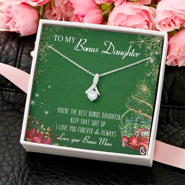 Alluring Beauty Ribbon Pendant, Bonus Daughter Necklace, 14k White Gold Over Stainless Steel, Meaningful Christmas Present fr
