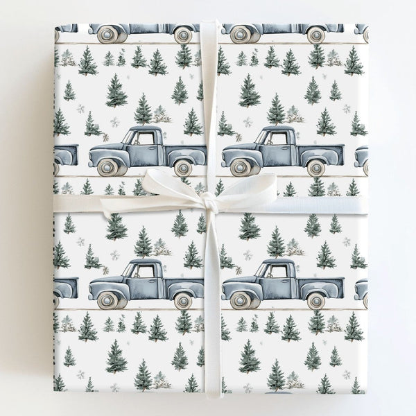 Rustic Winter Forest Gift Wrap, Vintage Blue Truck Christmas Wrapping Paper, Pine Tree Holiday Wrapping Paper, Country Christ