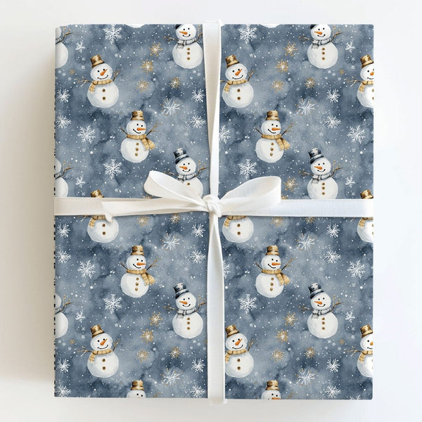 Gold Snowflake Gift Wrap, Watercolor Snowman Wrapping Paper, Dusky Blue Christmas Wrapping Paper, Winter Holiday Gift Wrap, X