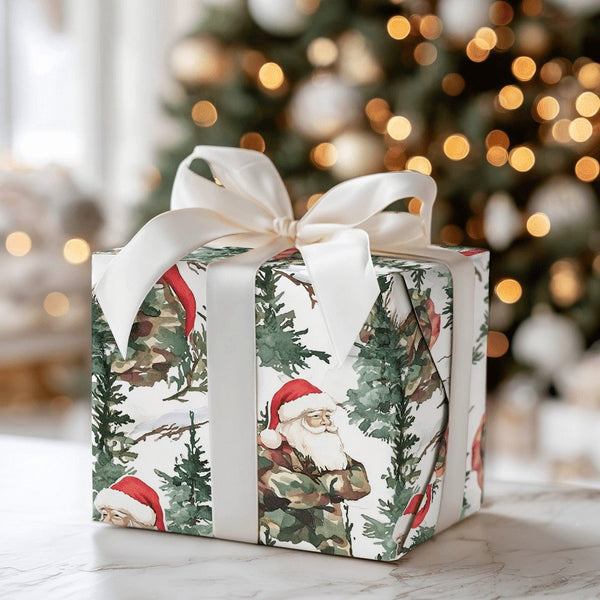 Camouflage Jacket Santa Claus Gift Wrap, Camo Santa Wrapping Paper, Military Christmas Wrapping Paper, Rustic Winter Forest G