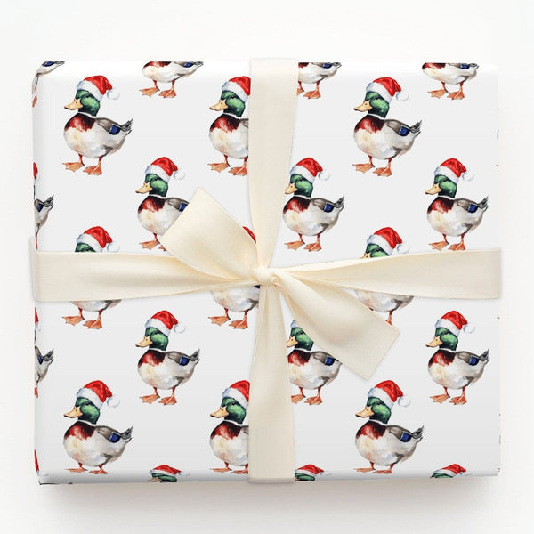 Watercolor Santa Hat Gift Wrap, Mallard Duck Christmas Wrapping Paper, Duck Bird Wrapping Paper Roll, Holiday Wrapping Paper